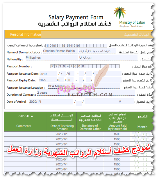 نموذج كشف أستلام الرواتب الشهرية وزارة العمل