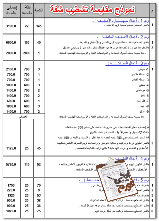 نموذج مقايسة تشطيب شقة